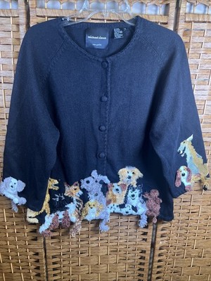 Vintage Michael Simon Women's SZ XL  Dog Lovers Cardigan Sweater Black Puppy