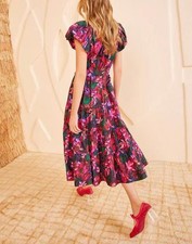 Women Ulla Johnson V-neck Floral Shoet Sleeve A-line Midi Dress