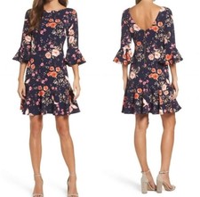 Eliza J Flounce Dress Sz 12 Womans Navy Blue Floral 3/4 Bell Sleeve Stretch Knit