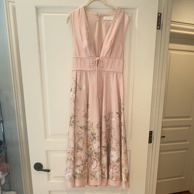 ZIMMERMANN Pink Floral V-Neck Sleeveless Midi A-Line Dress 1