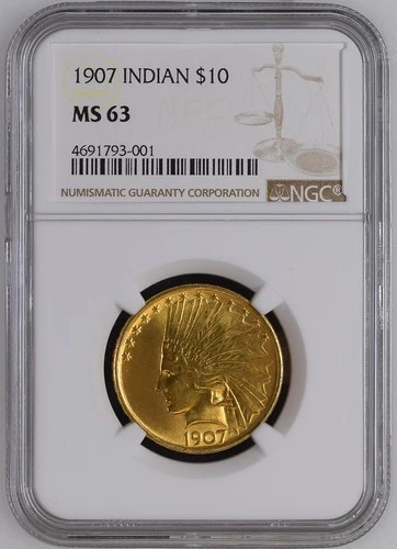 1907 No Motto $10 Gold Indian Eagle Coin NGC MS63 Very Lustrous Looks Gem