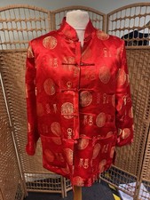 Red Satin Chinese Tang Suit Jacket Gold Embroidery XL - HAI