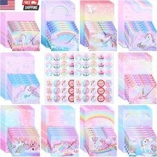 160 Pcs Rainbow Unicorn Stationary Set 50 Unicorn Writing Papers with 50 Envelop