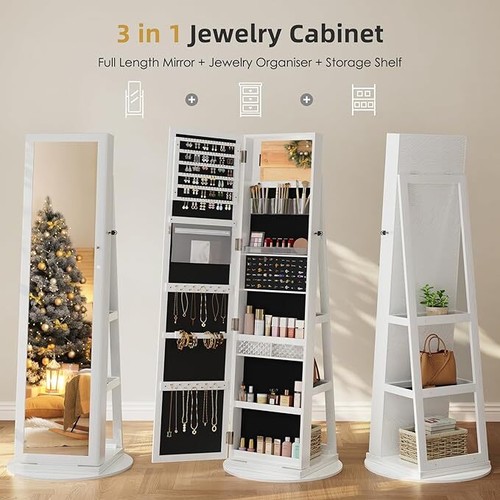 Lockable 360° Swivel Jewelry Cabinet Mirror Storage Organizer Free Standing UK - Picture 5 of 45