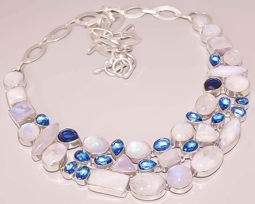 SHINY RAINBOW MOON STONE IOLITE QUARTZ 925 STERLING SILVER PLATED NECKLACE