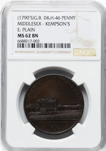 Great Britain - 1790's Middlesex - Kempson's Penny Merchant Token - NGC MS62 BN