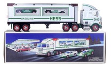 1997 HESS COLLECTOR GAS TRUCK & 2 RACE CARS RACERS REAL HEADLIGHTS - NIB MINT