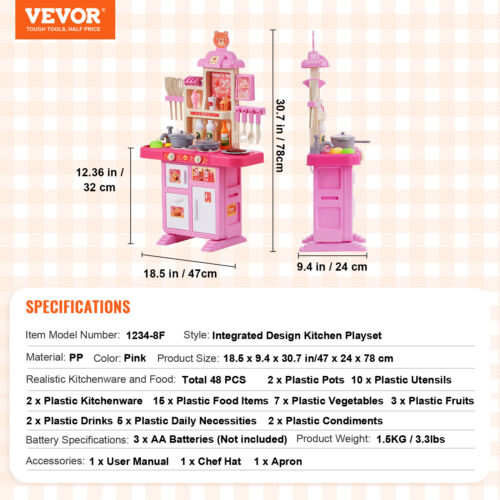 VEVOR Kitchen Playset Kids Pretend Cooking Play Toy 48 Piece Accessories Pink - Picture 7 of 12