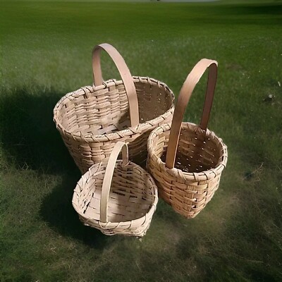 3-Sturdy Wicker Rattan Woven Baskets 3 Different Shapes & Sizes Vintage