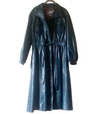 Vintage Women's Trench Leather Coat Jacket Size Large Belted Blue Teal Turquoise