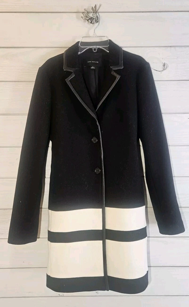 OFF WHITE Cappotto invernale misto lana ANN TAYLOR nero bianco sporco righe taglia S