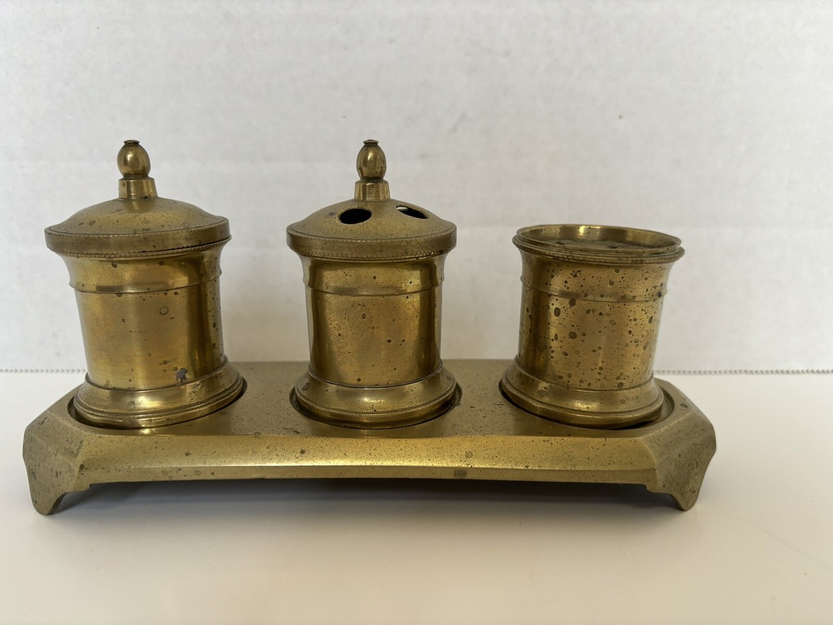 Antique Brass Desk Set Pounce Pot Ink Sand Powder Shaker 1800's | eBay