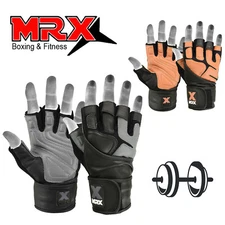 MRX Weight Lifting Pro Level Leather Gloves with Long Wrist Strap Gym Workout
