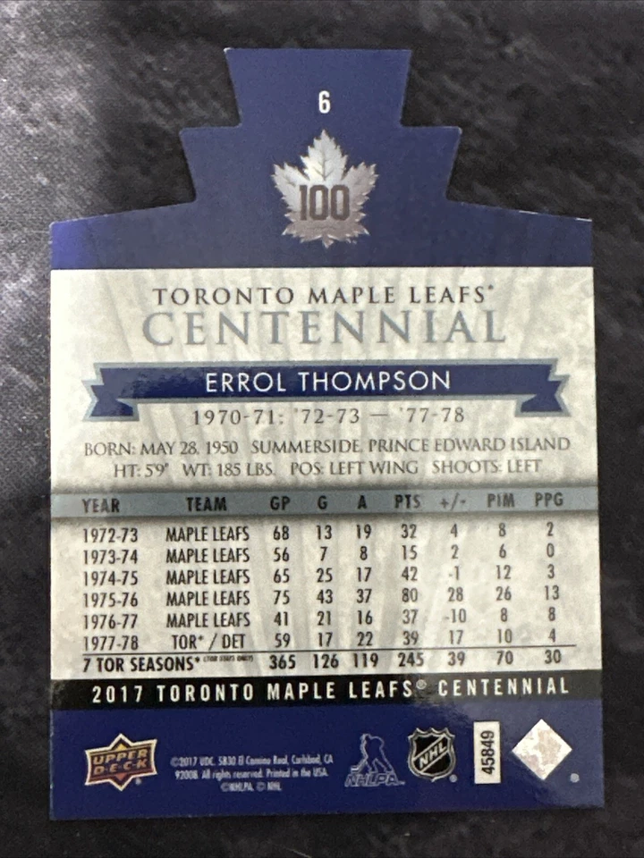 2017-18 Upper Deck Toronto Maple Leafs Centennial Die Cut 6 Errol Thompson - Image 2 of 2