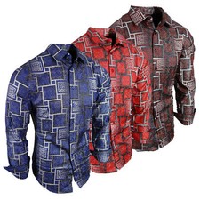 Mens Shirt Shiny Italian Floral Silver Stripe Overlay Stretch Slim Fit Button Up