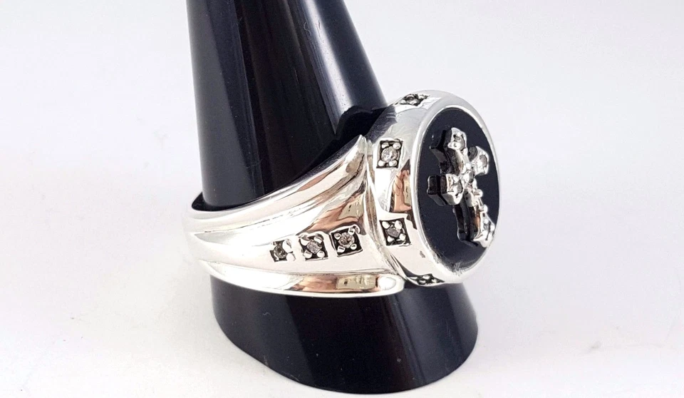 UOMO Pesante Onice Nera Medievale Croce Argento Sterling 925 Massiccio Fedina - Immagine 2 di 3