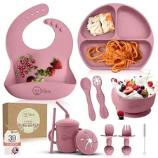 O'doe 11-Piece BPA-Free Silicone Baby Feeding Set. (Rose, V1)