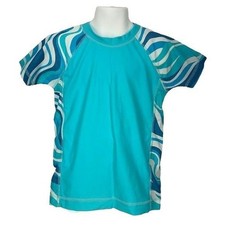 Mini Boden Blue Wave Print Short Sleeve Rash Guard Swim Shirt 7-8Y Nylon  Elast