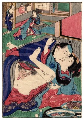 Shamisen nook (original Japanese shunga erotic woodblock print)