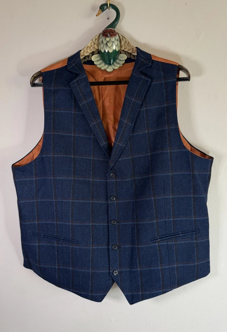 Brook Taverner Moon Merino Lambswool Waistcoat UK 46 Regular Blue Check England