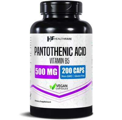 HealthFare Pantothenic Acid, Vitamin B5 500mg | 200 Veg Caps | High Quality Pure
