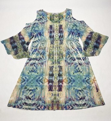 Psychedelic Rhinestone Cold Shoulder Bell Sleeve Dress Size XL Hippie Festival