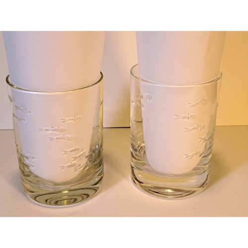 Set of 2 Crate & Barrel Reef Double Old-Fashioned Glasses Fish Lowball Glasses