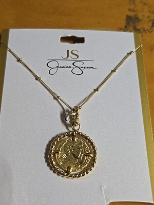 Jessica Simpson 925 Sterlingsilber 14K vergoldet rund Münze Anhänger Halskette 