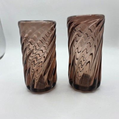 Vintage Hand Blown Glass Vases Set of 2 Brown Amethyst Spiral Swirl Optic