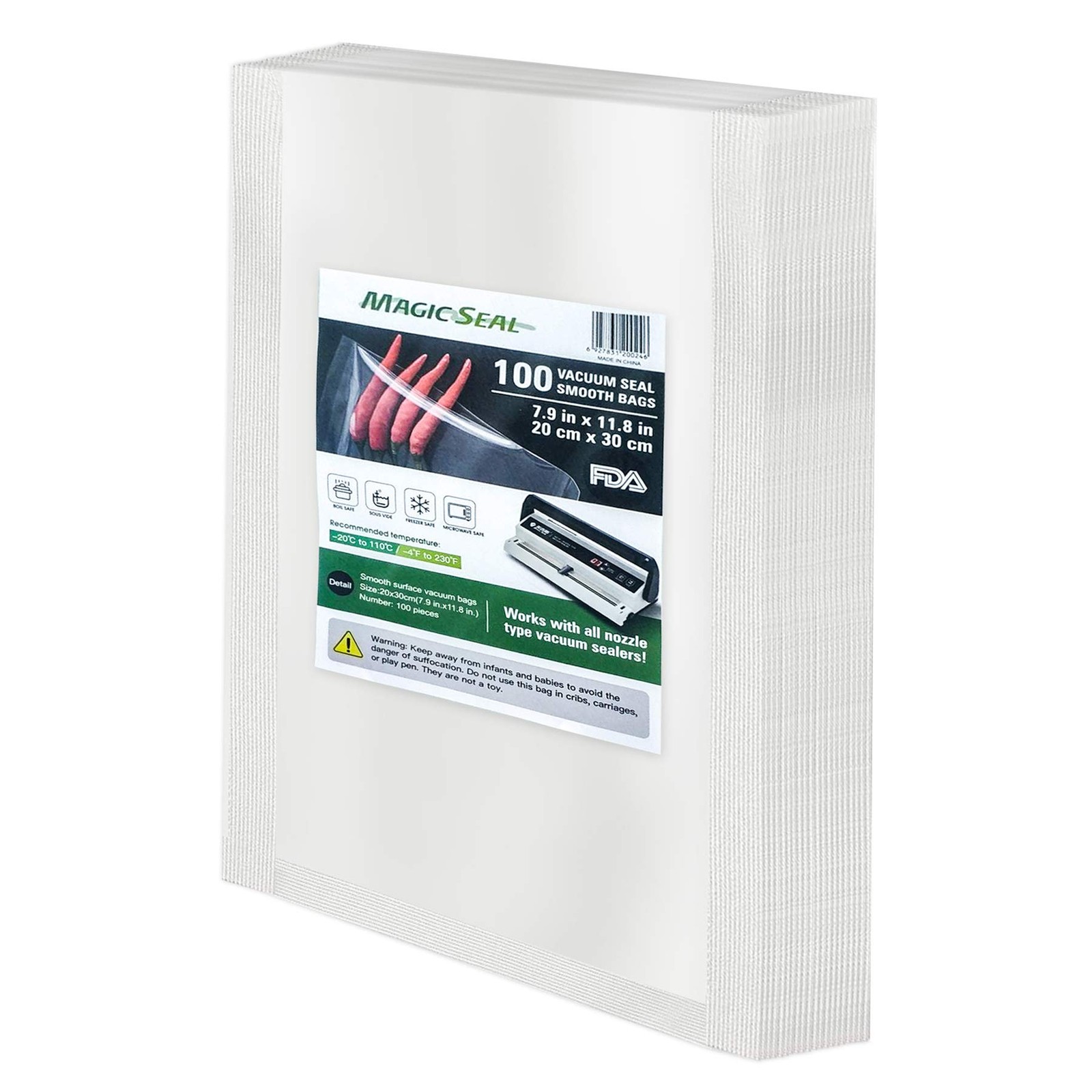 MAGIC SEAL Vacuum Sealer Bags 8x12 100-Pack Smooth Flat Pouches