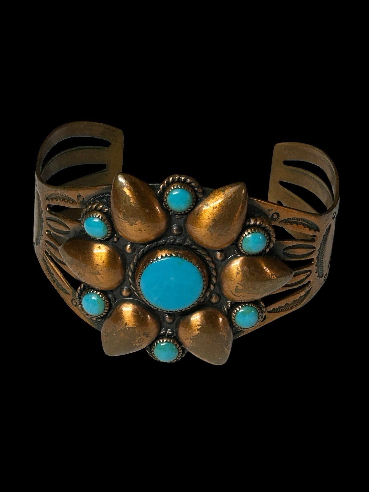 Vintage Solid Copper Turquoise Cluster Cuff Brace… - image 2