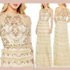 NWT MAC DUGGAL [ 16 ] 8030 Polka Dot Long Sleeve Floral Ruffle Tired Gown S1843