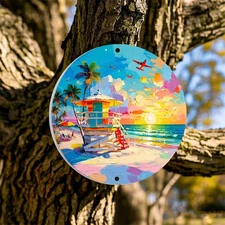 1pc 2D 2D Flat Aluminum Wall Decoration- 1pc,8x8inch Round Metal Plaque,Beach Su