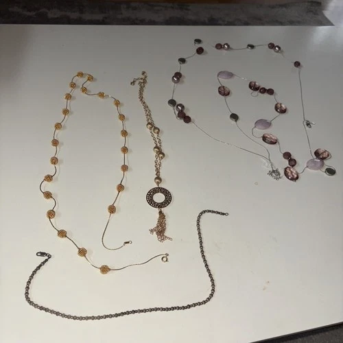 Lot Of Costume Jewelry Necklaces Vintage Mixed Gold Tone Coil, Pink Clear Glass