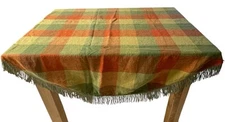 70’s Oval Tablecloth Plaid Multicolor  With Fringe Vtg. Picnic Table 55.5x 56.5”