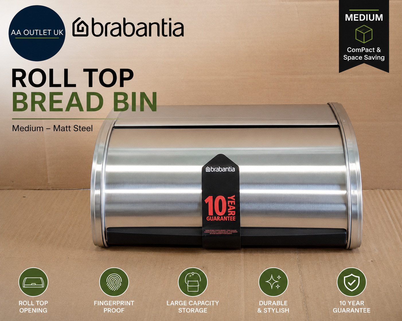 Brabantia 348907 Roll Top Bread Bin Medium Matt Stainless Steel 26.5x31.6x 17cm