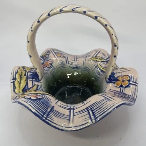 Hull Pottery Blossom Flite T8 Basket Pink Blue Green 1955 Mid Century @ 6inx6in