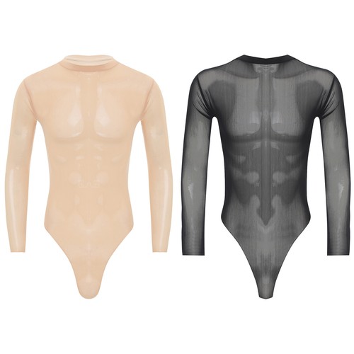 Mens Jumpsuit Long Sleeve Bodysuit Sexy Leotard Nightwear Crew Neck Transparent - Afbeelding 1 van 27