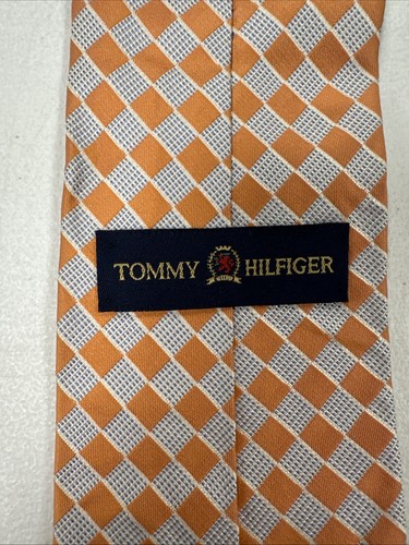 VINTAGE Tommy Hilfiger USA Men's Orange Blue Geometric Pattern Silk Contrast Tie - Picture 5 of 9