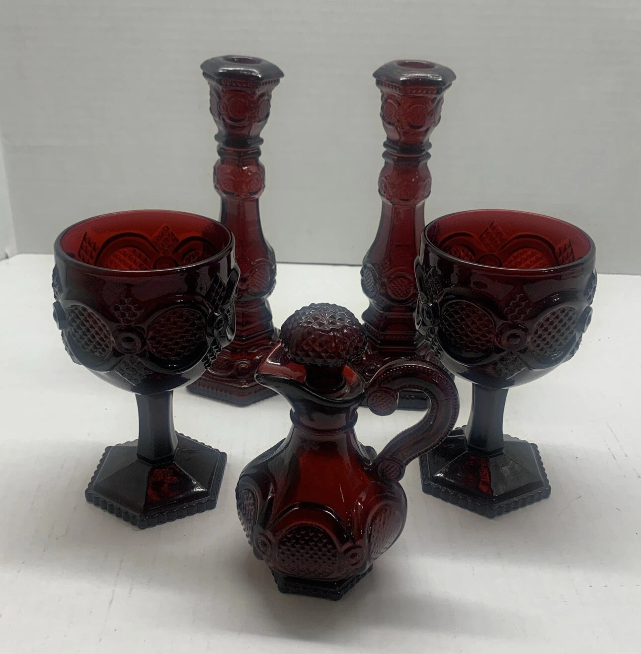 BEAUTIFUL VINTAGE Avon Cape Cod Ruby Red Goblet and Candlestick Decanter Set 5
