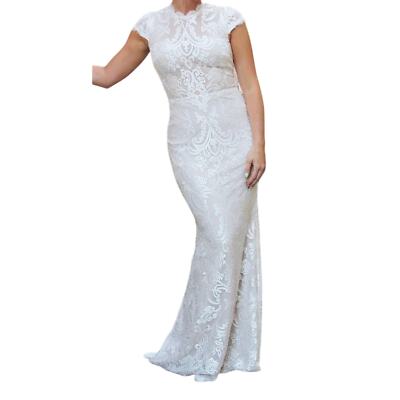long dress to wear to a wedding Modest High Neck Long Sleeve Minimalist Wedding Dress with Long Train –  HAREM's Brides main image 1