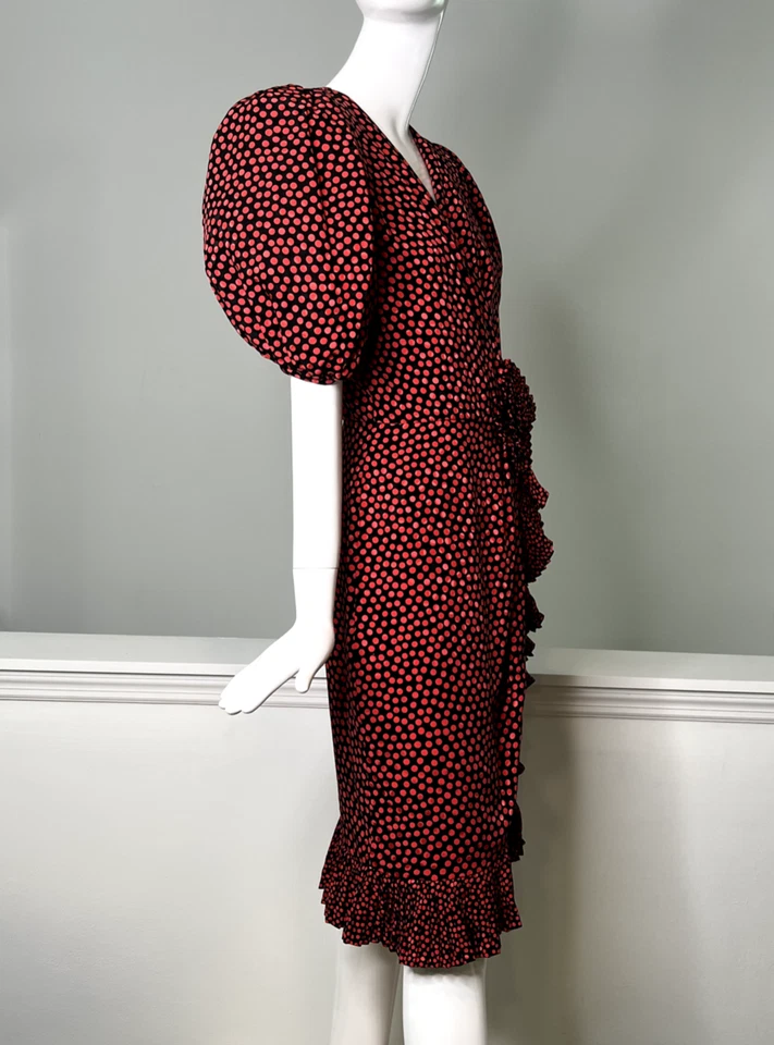 Vestido de seda a lunares con volantes plisados ALBERT NIPON de la década de 1980, talla 6 fiesta vintage Foto 3 de 4