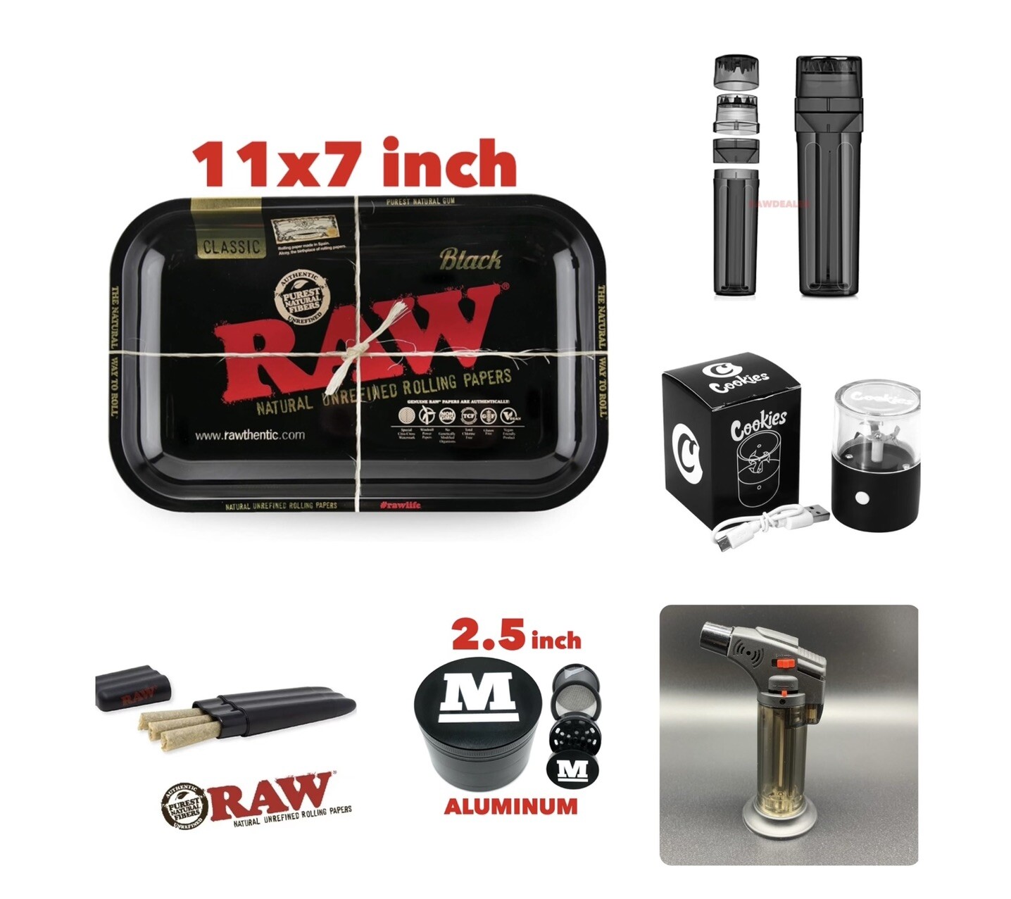 raw BLACK rolling tray 11x7 inch  +raw  three tree case+load