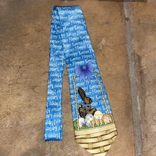 Happy Easter Big Easter Bunny With Basket Of Colored Eggs On A Baby Blue Tie!