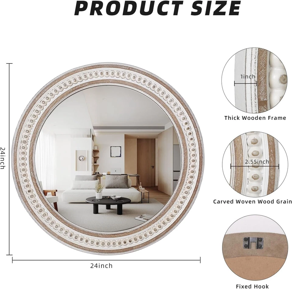 24'' Farmhouse Style Round Mirror - Perfect Addition to Living Rooms & Bathrooms - Image 4 of 4