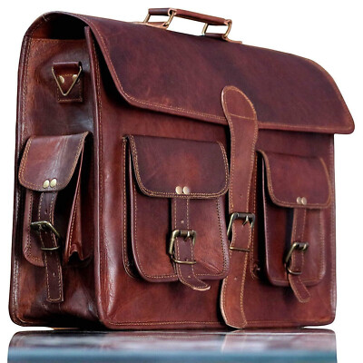 18'' Men's goat leather real messenger satchel bag genuine brown laptop briefcas