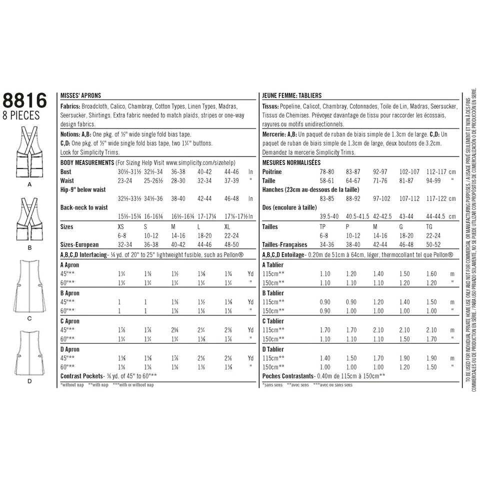 Delantal trasero cruzado Simplicity 8816 9409 XS-XL FÁCIL patrón de cocina de trabajo de jardín Foto 3 de 4