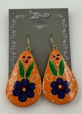 New ZAD Dangle Earrings Womens Orange Painted Wood Purple Flower Tear Drop 2"