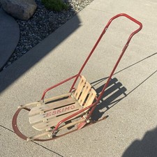 Vintage Eskimo 1950's Wooden Metal Childs Snow Sled chair w/ Walk Behind Handle