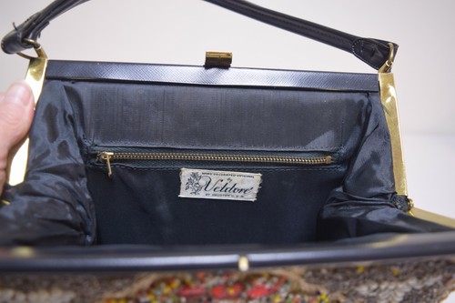 VINTAGE VELDORE of Houston Black Embellised Beaded Needlepoint Handbag Purse  - Picture 8 of 9